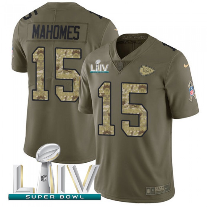 Nike Chiefs #15 Patrick Mahomes Olive Camo Super Bowl LIV 2020 Men's Stitched NFL Limited 2017 Salute To Service Jersey