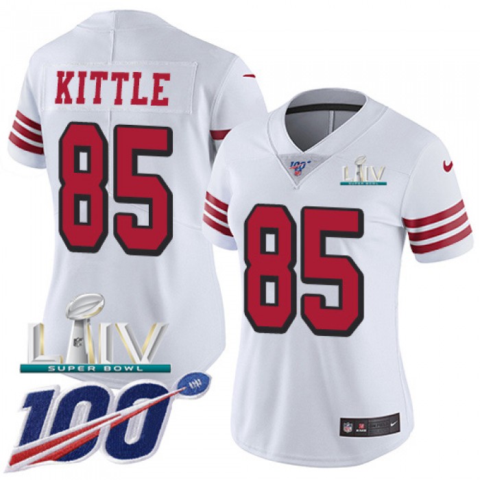 Nike 49ers #85 George Kittle White Super Bowl LIV 2020 Rush Women's Stitched NFL Limited 100th Season Jersey