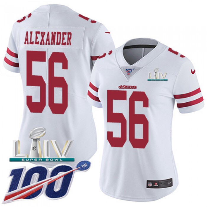 Nike 49ers #56 Kwon Alexander White Super Bowl LIV 2020 Women's Stitched NFL 100th Season Vapor Limited Jersey