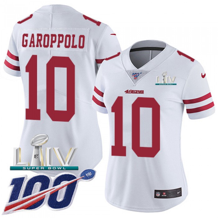 Nike 49ers #10 Jimmy Garoppolo White Super Bowl LIV 2020 Women's Stitched NFL 100th Season Vapor Limited Jersey