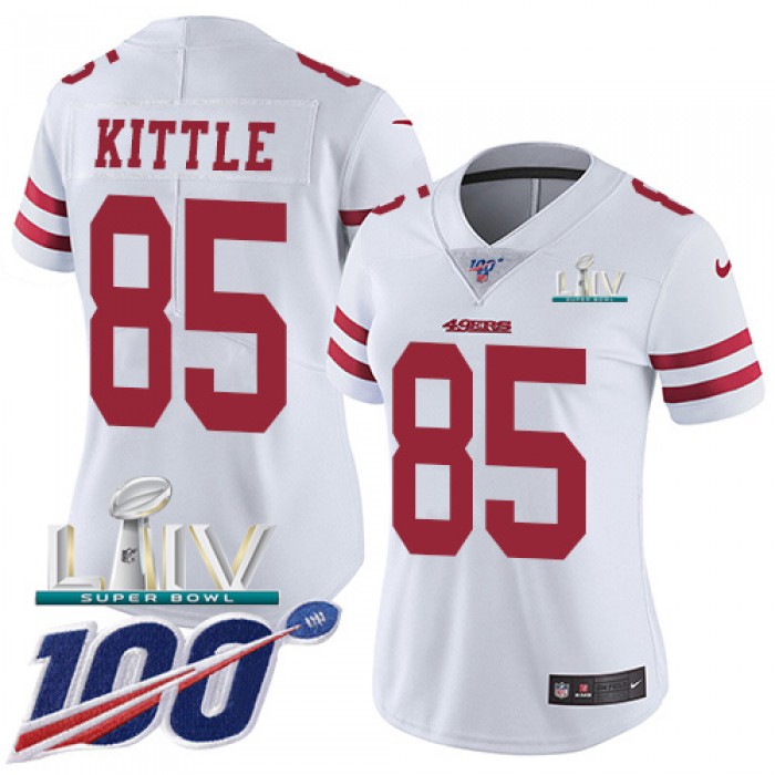 Nike 49ers #85 George Kittle White Super Bowl LIV 2020 Women's Stitched NFL 100th Season Vapor Limited Jersey