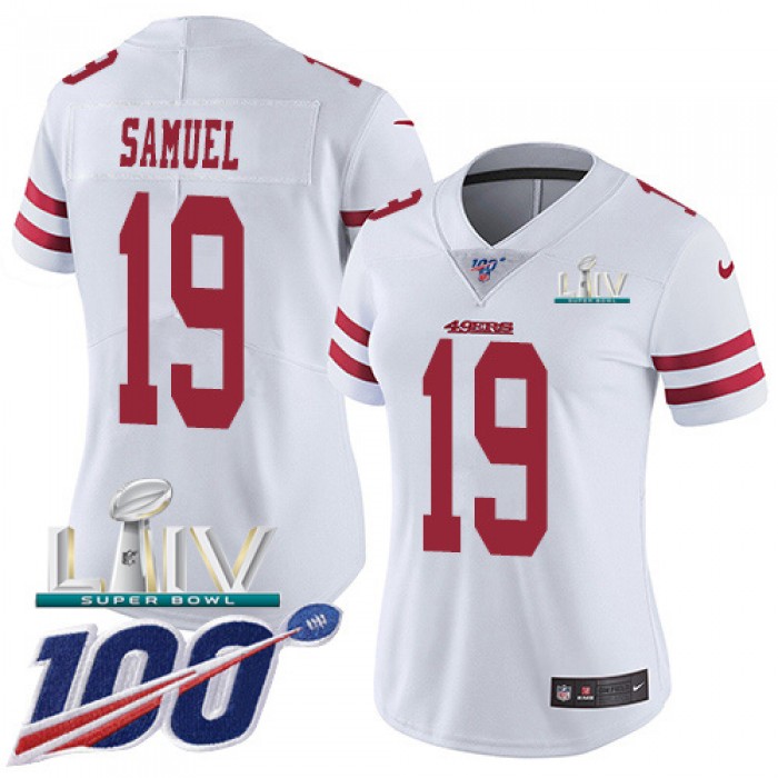Nike 49ers #19 Deebo Samuel White Super Bowl LIV 2020 Women's Stitched NFL 100th Season Vapor Limited Jersey