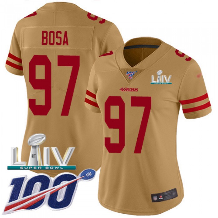 Nike 49ers #97 Nick Bosa Gold Super Bowl LIV 2020 Women's Stitched NFL Limited Inverted Legend 100th Season Jersey