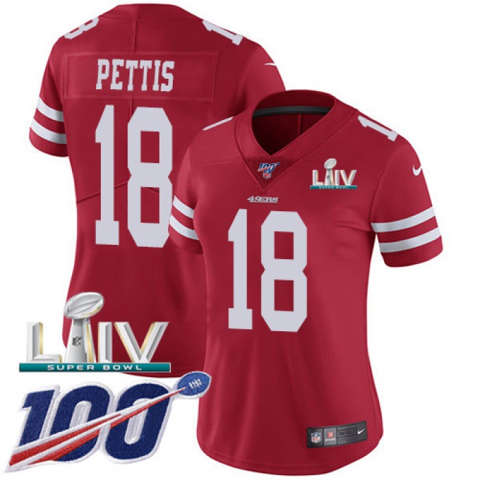 Nike 49ers #18 Dante Pettis Red Super Bowl LIV 2020 Team Color Women's Stitched NFL 100th Season Vapor Limited Jersey