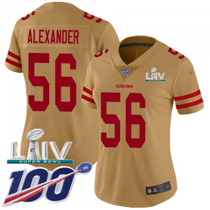Nike 49ers #56 Kwon Alexander Gold Super Bowl LIV 2020 Women's Stitched NFL Limited Inverted Legend 100th Season Jersey