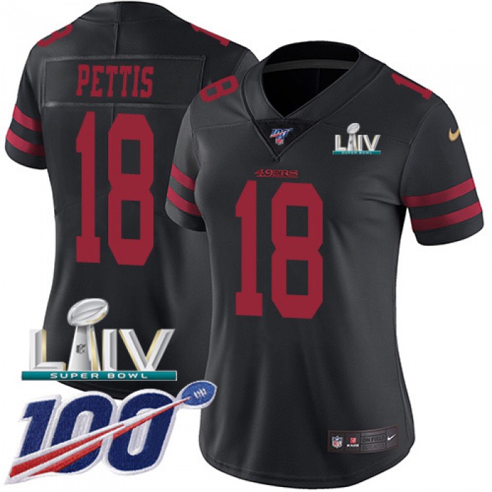 Nike 49ers #18 Dante Pettis Black Super Bowl LIV 2020 Alternate Women's Stitched NFL 100th Season Vapor Limited Jersey