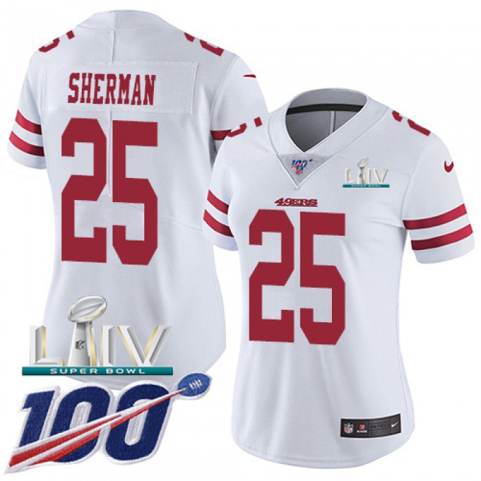 Nike 49ers #25 Richard Sherman White Super Bowl LIV 2020 Women's Stitched NFL 100th Season Vapor Limited Jersey
