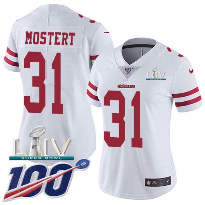 Nike 49ers #31 Raheem Mostert White Super Bowl LIV 2020 Women's Stitched NFL 100th Season Vapor Untouchable Limited Jersey