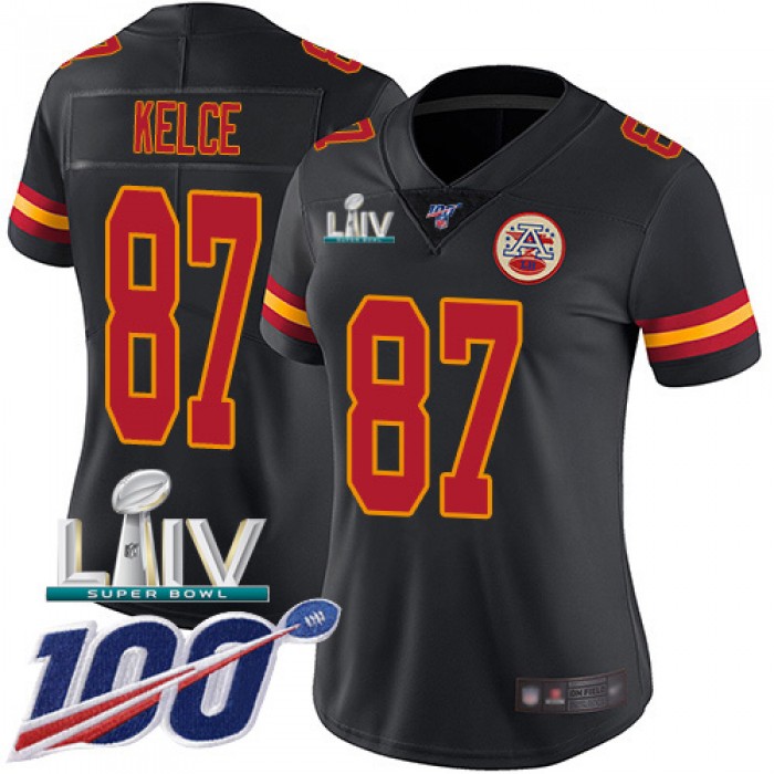 Nike Chiefs #87 Travis Kelce Black Super Bowl LIV 2020 Women's Stitched NFL Limited Rush 100th Season Jersey