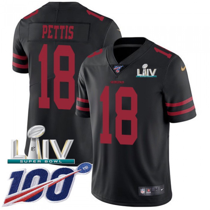 Nike 49ers #18 Dante Pettis Black Super Bowl LIV 2020 Alternate Youth Stitched NFL 100th Season Vapor Limited Jersey