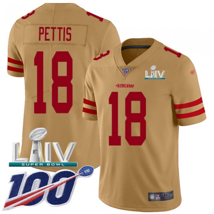 Nike 49ers #18 Dante Pettis Gold Super Bowl LIV 2020 Youth Stitched NFL Limited Inverted Legend 100th Season Jersey