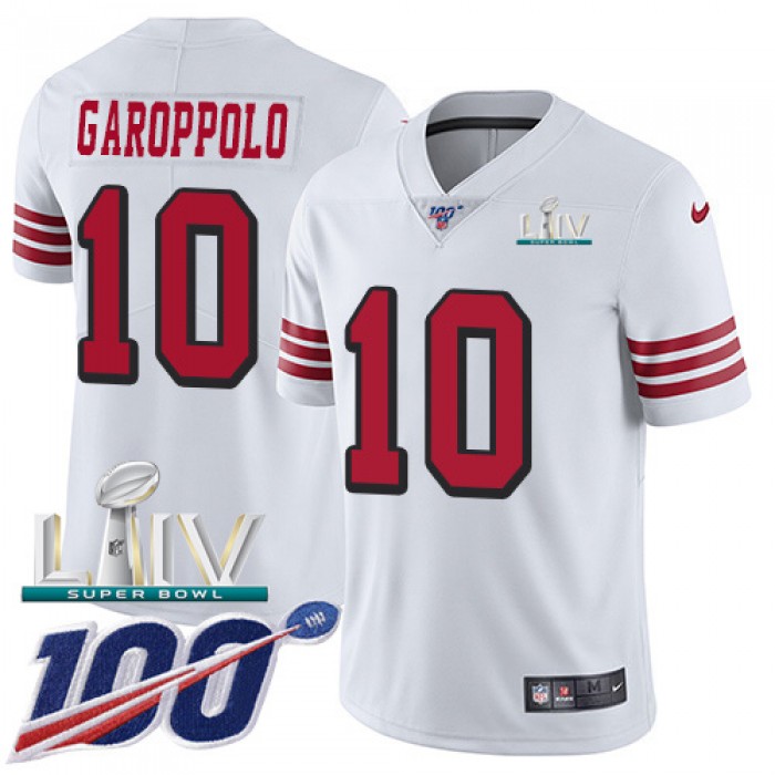 Nike 49ers #10 Jimmy Garoppolo White Super Bowl LIV 2020 Rush Youth Stitched NFL Limited 100th Season Jersey