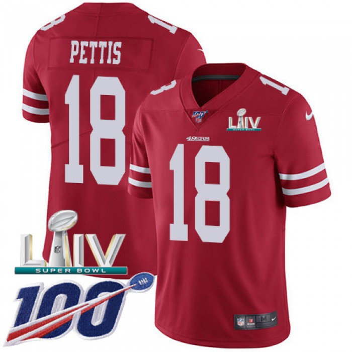 Nike 49ers #18 Dante Pettis Red Super Bowl LIV 2020 Team Color Youth Stitched NFL 100th Season Vapor Limited Jersey