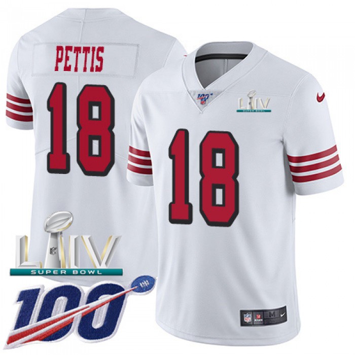 Nike 49ers #18 Dante Pettis White Super Bowl LIV 2020 Rush Youth Stitched NFL Limited 100th Season Jersey