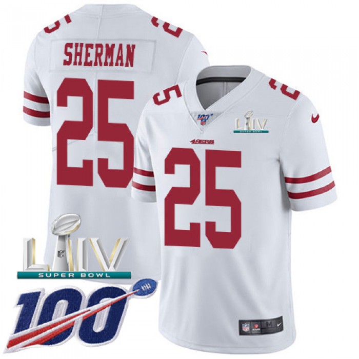 Nike 49ers #25 Richard Sherman White Super Bowl LIV 2020 Youth Stitched NFL 100th Season Vapor Limited Jersey