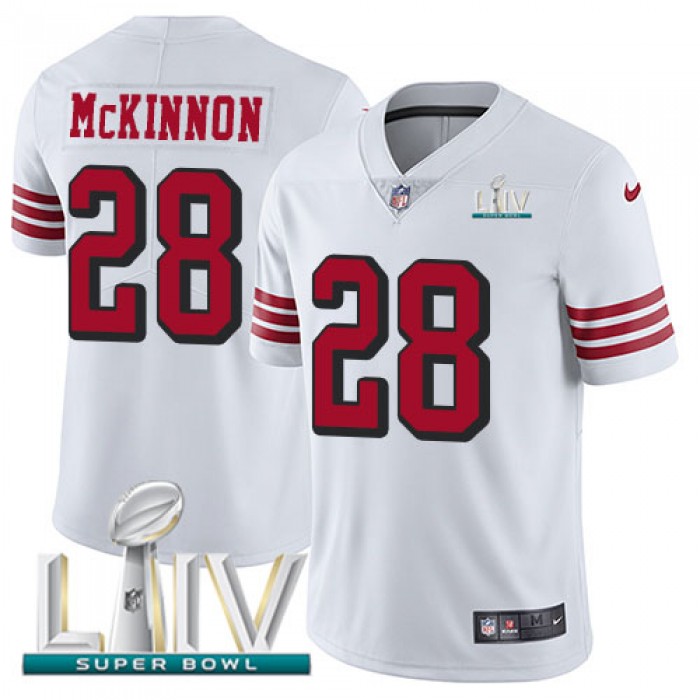 Nike 49ers #28 Jerick McKinnon White Super Bowl LIV 2020 Rush Youth Stitched NFL Vapor Untouchable Limited Jersey