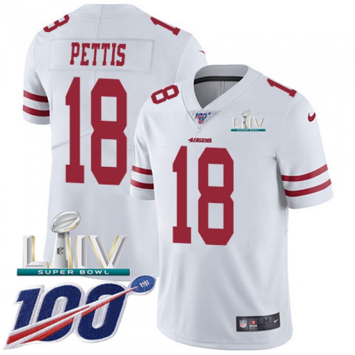 Nike 49ers #18 Dante Pettis White Super Bowl LIV 2020 Youth Stitched NFL 100th Season Vapor Limited Jersey