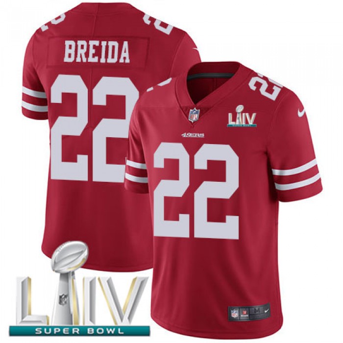 Nike 49ers #22 Matt Breida Red Super Bowl LIV 2020 Team Color Youth Stitched NFL Vapor Untouchable Limited Jersey