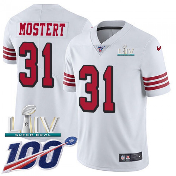 Nike 49ers #31 Raheem Mostert White Super Bowl LIV 2020 Youth Stitched NFL Limited Rush 100th Season Jersey