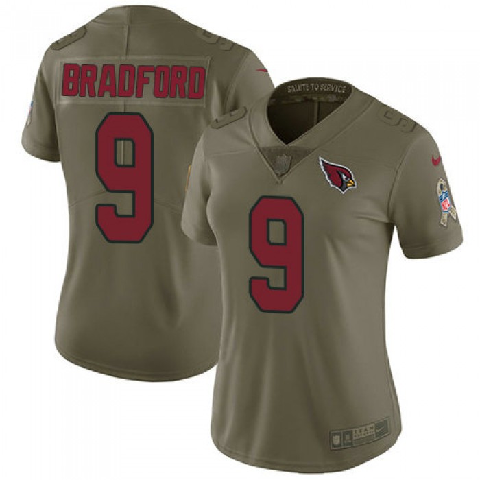 Women Nike Cardinals #9 Sam Bradford Olive Stitched NFL Limited 2017 Salute to Service Jersey