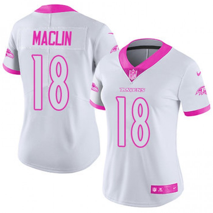 Women's Nike Ravens #18 Jeremy Maclin White Pink Stitched NFL Limited Rush Fashion Jersey