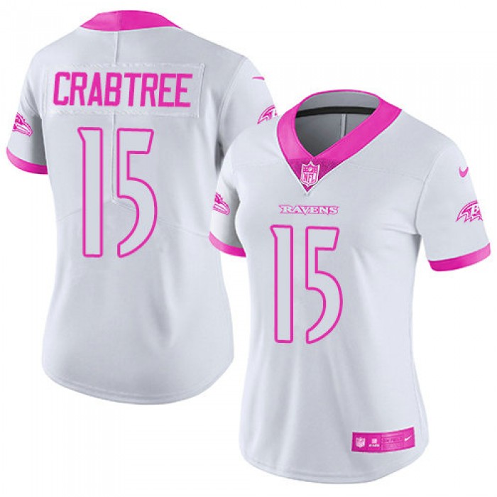 Women Nike Ravens #15 Michael Crabtree White Pink Stitched NFL Limited Rush Fashion Jersey