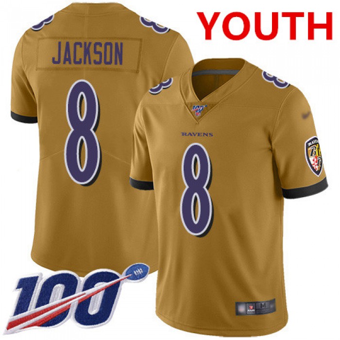 Nike Ravens #8 Lamar Jackson Gold Youth Stitched NFL Limited Inverted Legend 100th Season Jersey