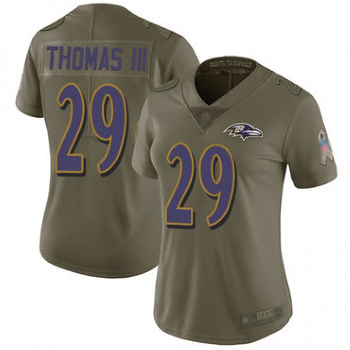 Ravens #29 Earl Thomas III Olive Women's Stitched Football Limited 2017 Salute to Service Jersey