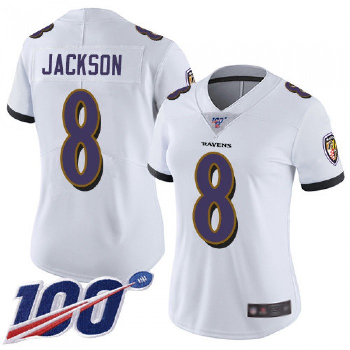 Nike Ravens #8 Lamar Jackson White Women's Stitched NFL 100th Season Vapor Limited Jersey