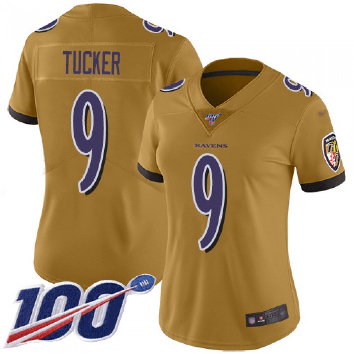 Nike Ravens #9 Justin Tucker Gold Women's Stitched NFL Limited Inverted Legend 100th Season Jersey