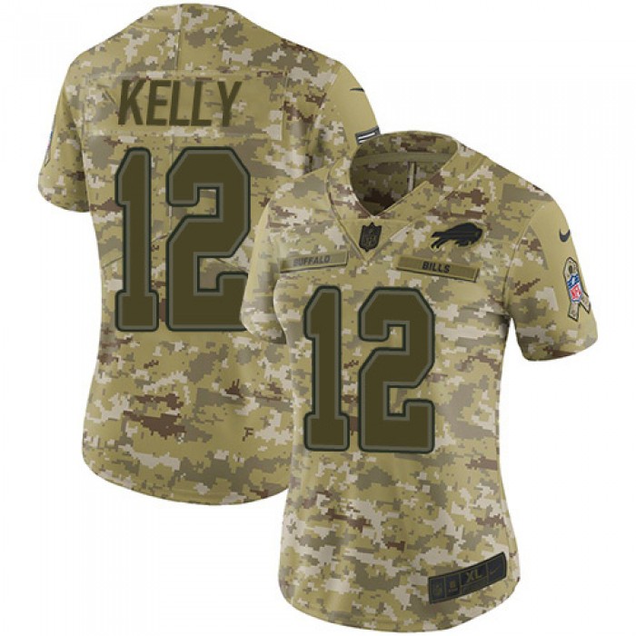 Nike Bills #12 Jim Kelly Camo Women's Stitched NFL Limited 2018 Salute to Service Jersey