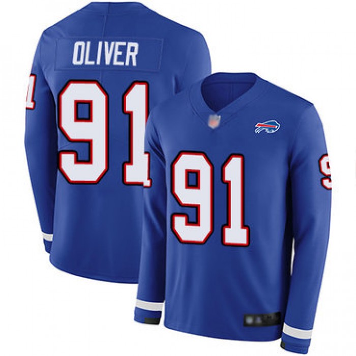 Bills #91 Ed Oliver Royal Blue Team Color Youth Stitched Football Limited Therma Long Sleeve Jersey