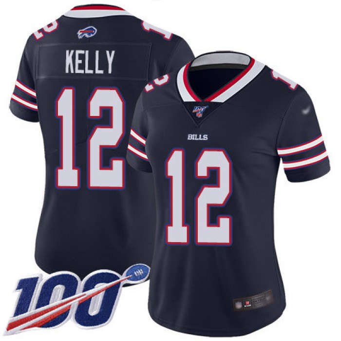 Nike Bills #12 Jim Kelly Navy Women's Stitched NFL Limited Inverted Legend 100th Season Jersey