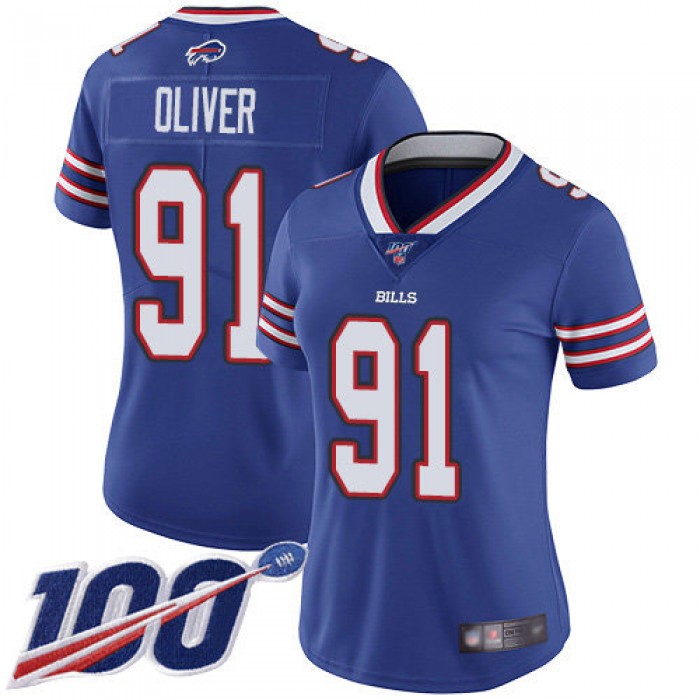 Nike Bills #91 Ed Oliver Royal Blue Team Color Women's Stitched NFL 100th Season Vapor Limited Jersey