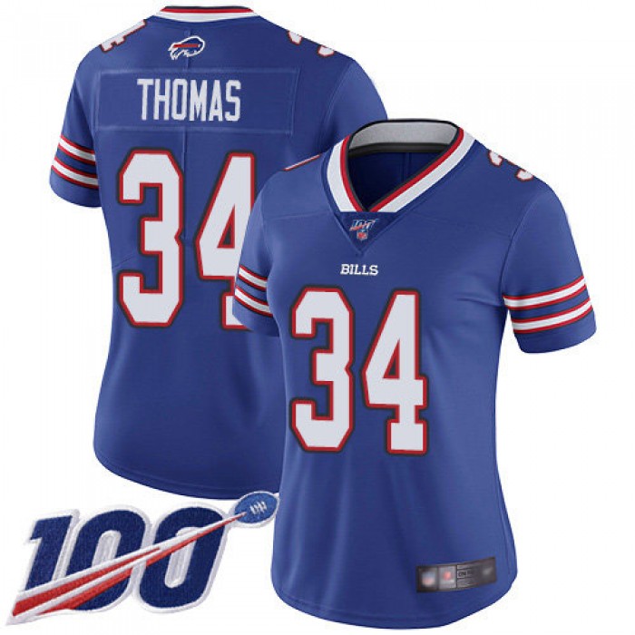 Nike Bills #34 Thurman Thomas Royal Blue Team Color Women's Stitched NFL 100th Season Vapor Limited Jersey