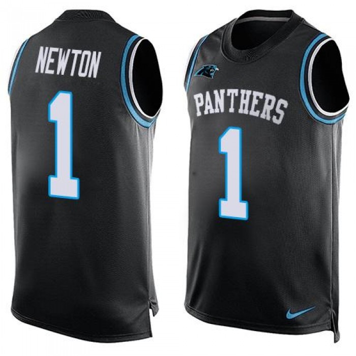 Men's Carolina Panthers #1 Cam Newton Black Hot Pressing Player Name & Number Nike NFL Tank Top Jersey