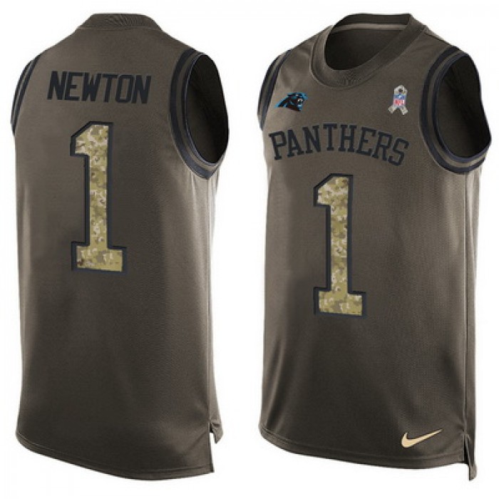 Men's Carolina Panthers #1 Cam Newton Green Salute to Service Hot Pressing Player Name & Number Nike NFL Tank Top Jersey