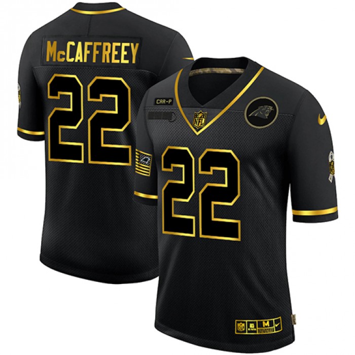 Men's Carolina Panthers #22 Christian McCaffrey Black Gold 2020 Salute To Service Stitched NFL Nike Limited Jersey
