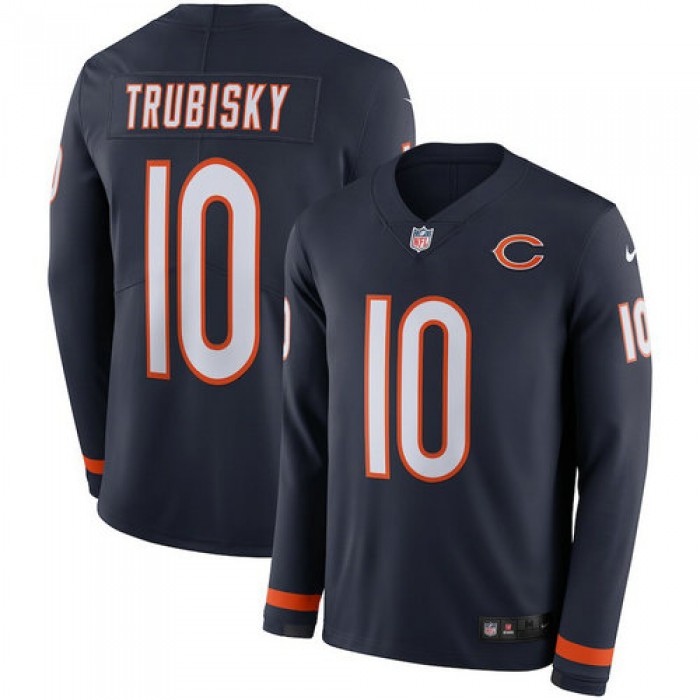 Men Nike Chicago Bears 10 Mitchell Trubisky blue Therma Long Sleeve Jersey