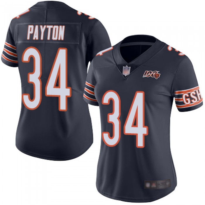 Bears #34 Walter Payton Navy Blue Team Color Women's Stitched Football 100th Season Vapor Limited Jersey
