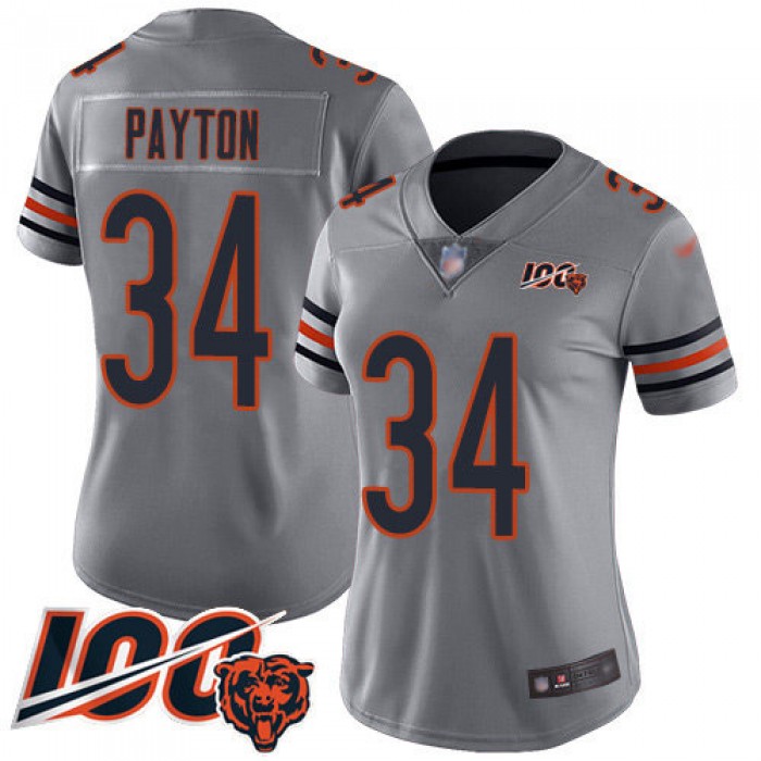 Nike Bears #34 Walter Payton Silver Women's Stitched NFL Limited Inverted Legend 100th Season Jersey