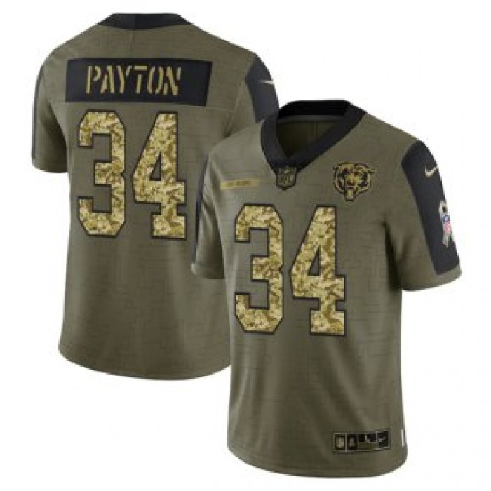 Men's Olive Chicago Bears #34 Walter Payton 2021 Camo Salute To Service Limited Stitched Jersey