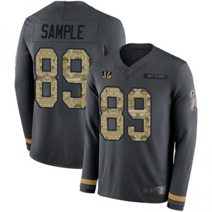 Bengals #89 Drew Sample Anthracite Salute to Service Men's Stitched Football Limited Therma Long Sleeve Jersey