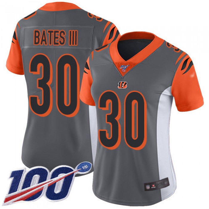 Nike Bengals #30 Jessie Bates III Silver Women's Stitched NFL Limited Inverted Legend 100th Season Jersey