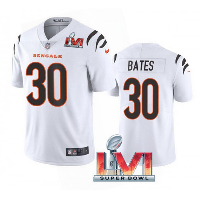 Men's Cincinnati Bengals #30 Jessie Bates 2022 White Super Bowl LVI Vapor Limited Stitched Jersey
