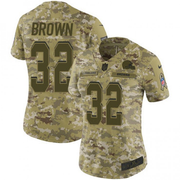 Nike Browns #32 Jim Brown Camo Women's Stitched NFL Limited 2018 Salute to Service Jersey