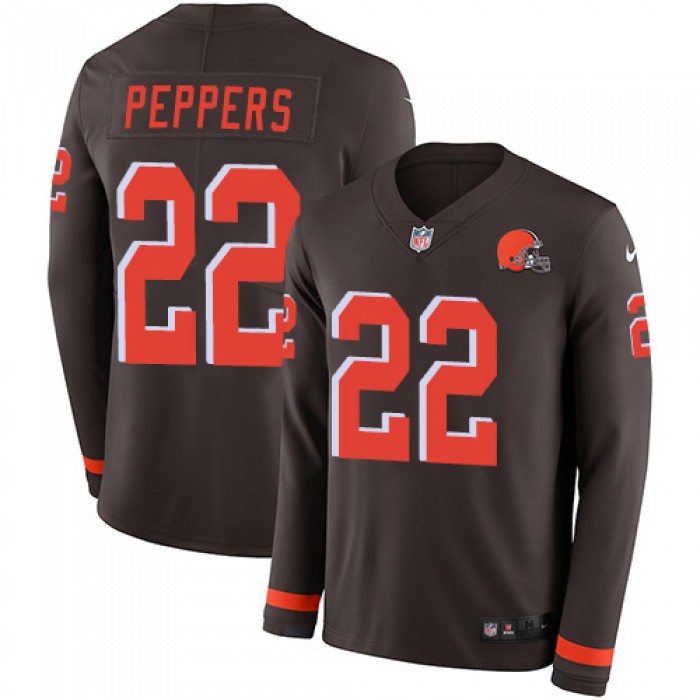 Nike Browns #22 Jabrill Peppers Brown Team Color Men's Stitched NFL Limited Therma Long Sleeve Jersey
