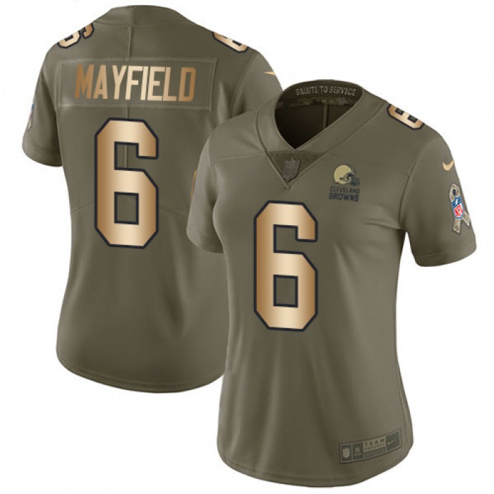 Nike Browns #6 Baker Mayfield Olive Gold Women's Stitched NFL Limited 2017 Salute to Service Jersey