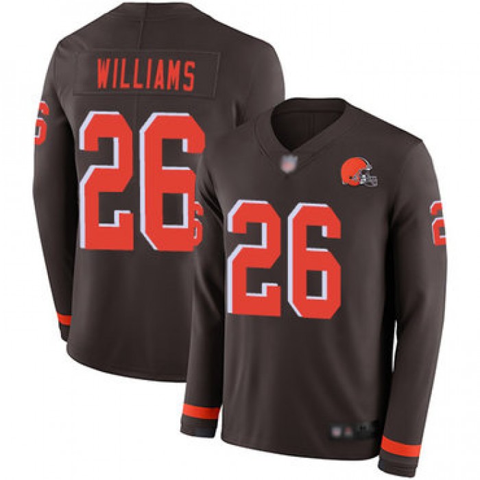 Browns #26 Greedy Williams Brown Team Color Men's Stitched Football Limited Therma Long Sleeve Jersey