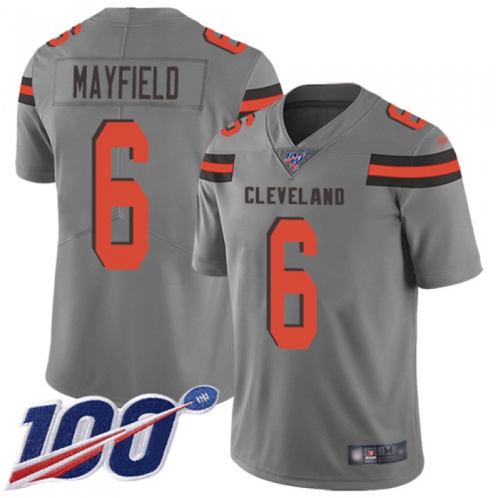 Browns #6 Baker Mayfield Gray Men's Stitched Football Limited Inverted Legend 100th Season Jersey